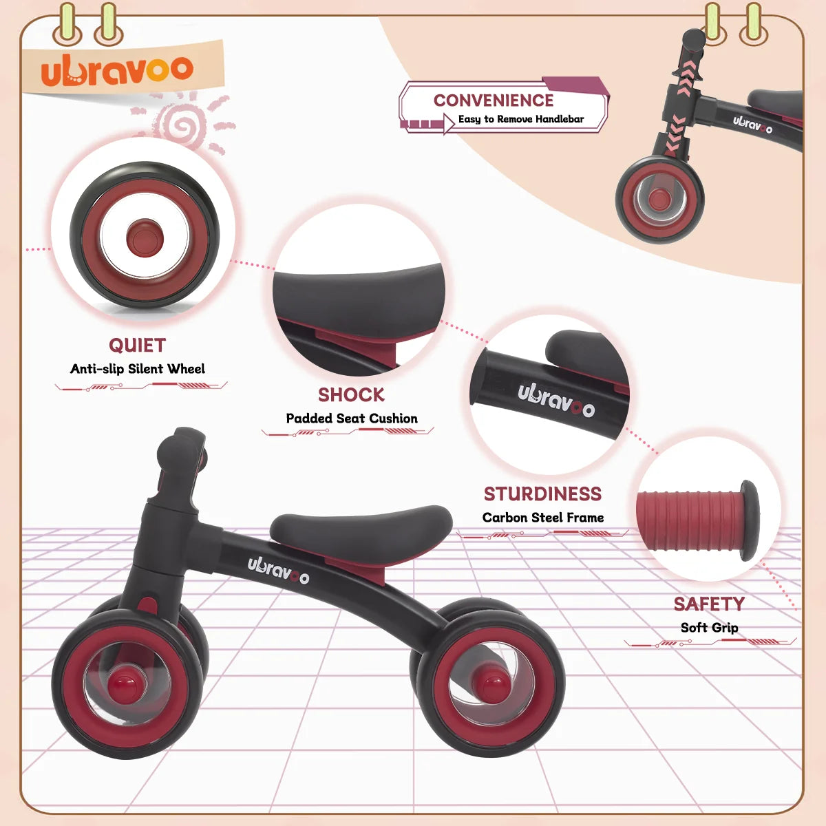 Ubravoo Baby Slide Balance Bike for 12-24 Months,3-Mode Headlight & 4 Transparent Silence Wheels, Riding on Toys Birthday Gifts