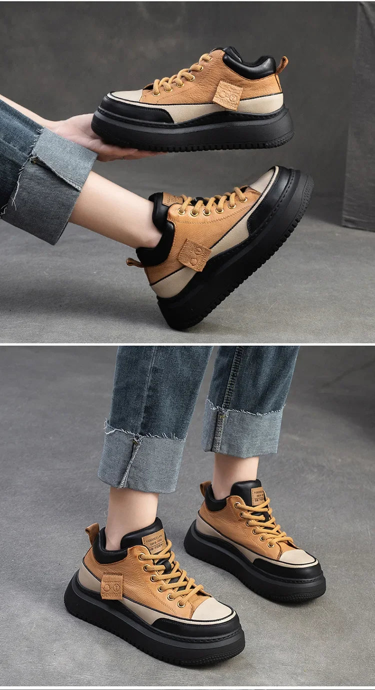 2025 New 4.5cm Genuine Leather Women's Retro Flat Sneakers Autumn Fashion Platform Shoes Ladies Casual Shoes Comfortable Flats