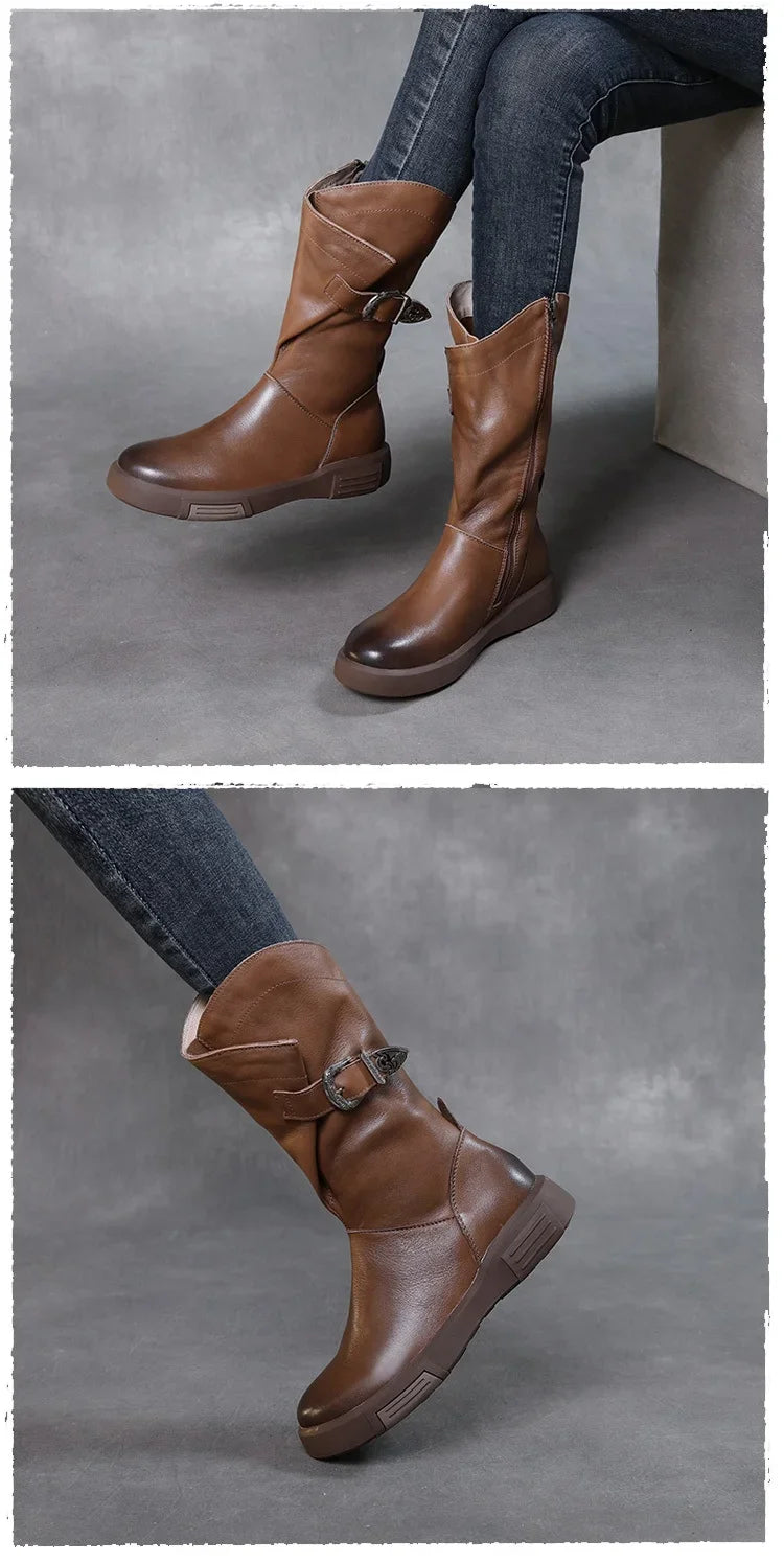2025 Luxury Design Genuine Cow Leather Mid-Calf Boots Women Flat Side Zipper Round Toe Autumn Winter Warm Knight Boots