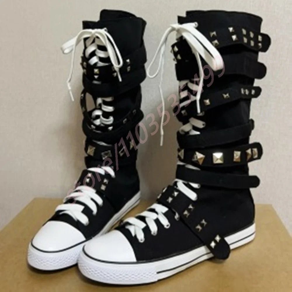 New Style Belt Buckle Rivet Canvas Boots 2025 New Round Punk Lace-Up Boots Black Street Fashion Ladies Flat Party Casual Boots