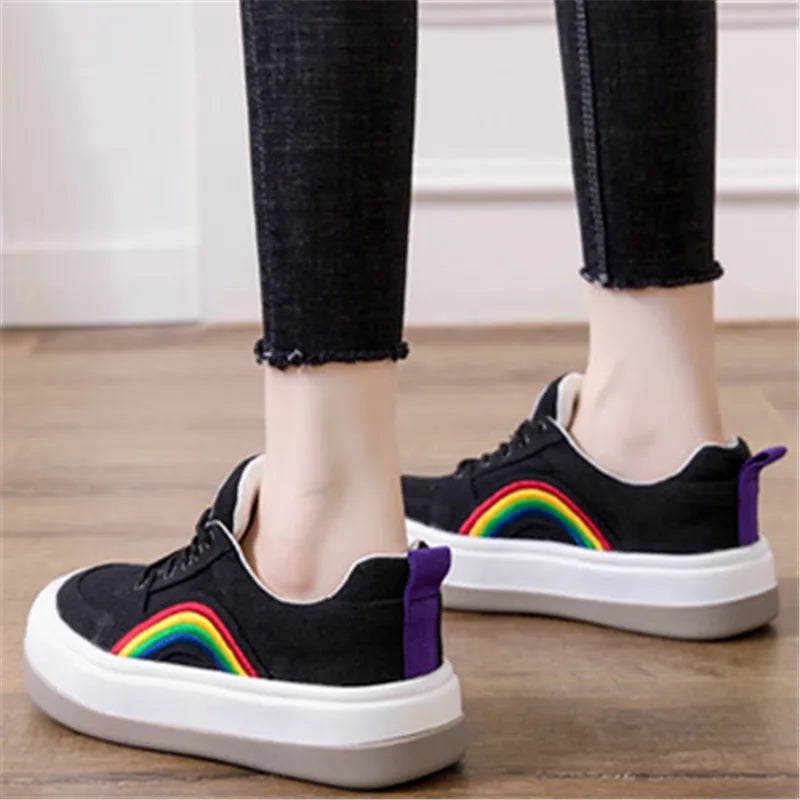 2025 Women's Casual Shoes Rainbow Thick Sole Canvas Shoes Female Student Leisure Fashion Shoes