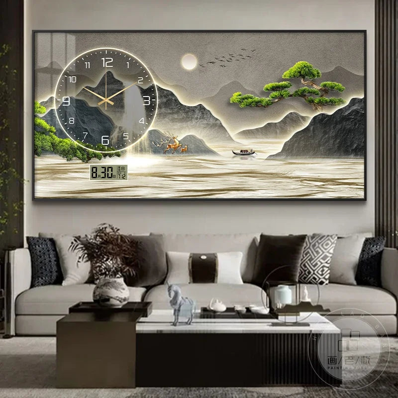 New Home Decor Wall Clock Living Room Decoration Landscape Painting Perpetual Calendar Timepiece Wall Decoration