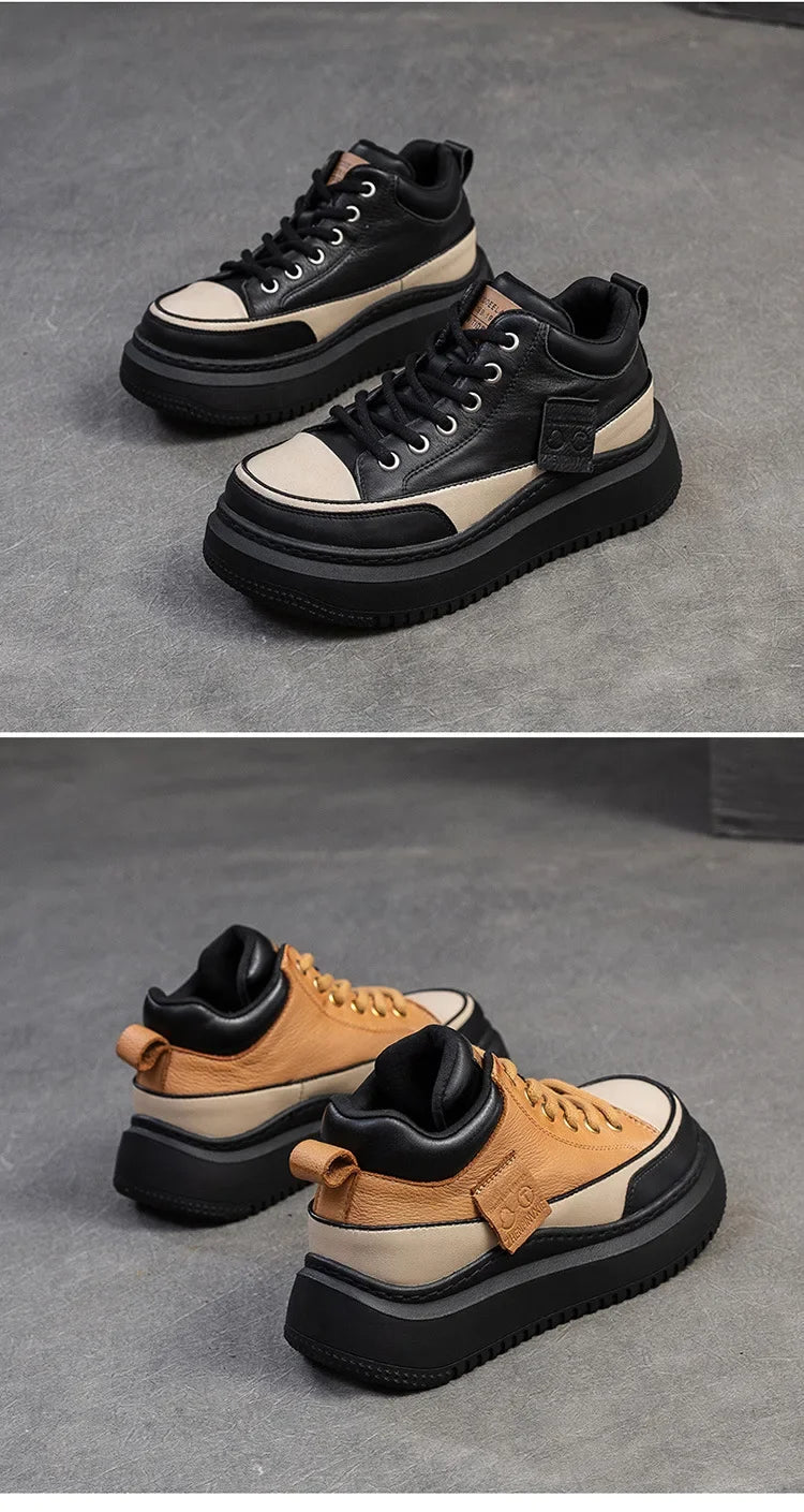 2025 New 4.5cm Genuine Leather Women's Retro Flat Sneakers Autumn Fashion Platform Shoes Ladies Casual Shoes Comfortable Flats