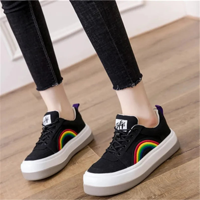 2025 Women's Casual Shoes Rainbow Thick Sole Canvas Shoes Female Student Leisure Fashion Shoes