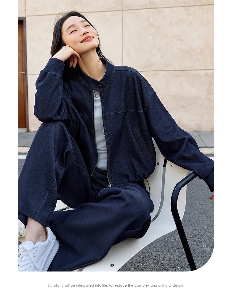 VIMLY 2 Piece Pant Set Woman Casual Outfits Women's Pant Suit 2025 Blue Stand-up Collar Jacket and Trouser Female Clothing A0119