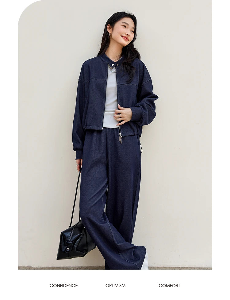 VIMLY 2 Piece Pant Set Woman Casual Outfits Women's Pant Suit 2025 Blue Stand-up Collar Jacket and Trouser Female Clothing A0119