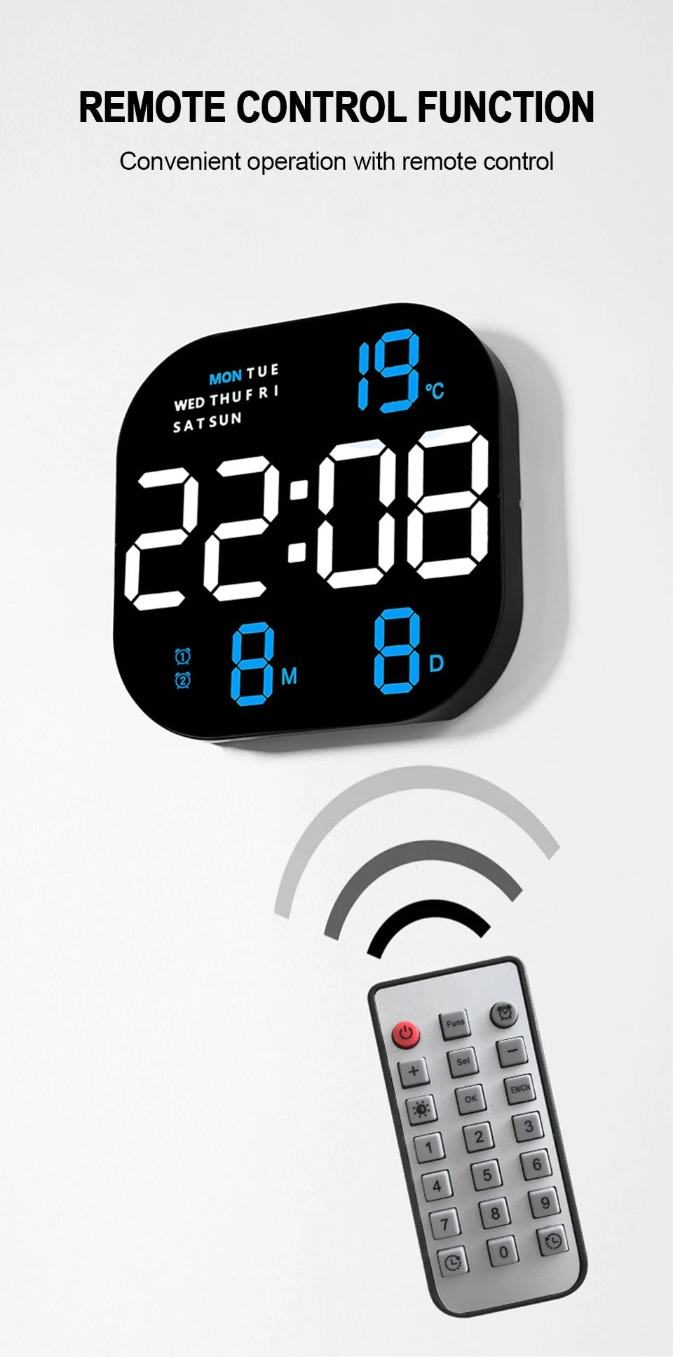 Digital Wall Clock Remote Control Temperature Date Week Display Memory Mode Desktop Clock Dual Alarms LED Clock Room Decor