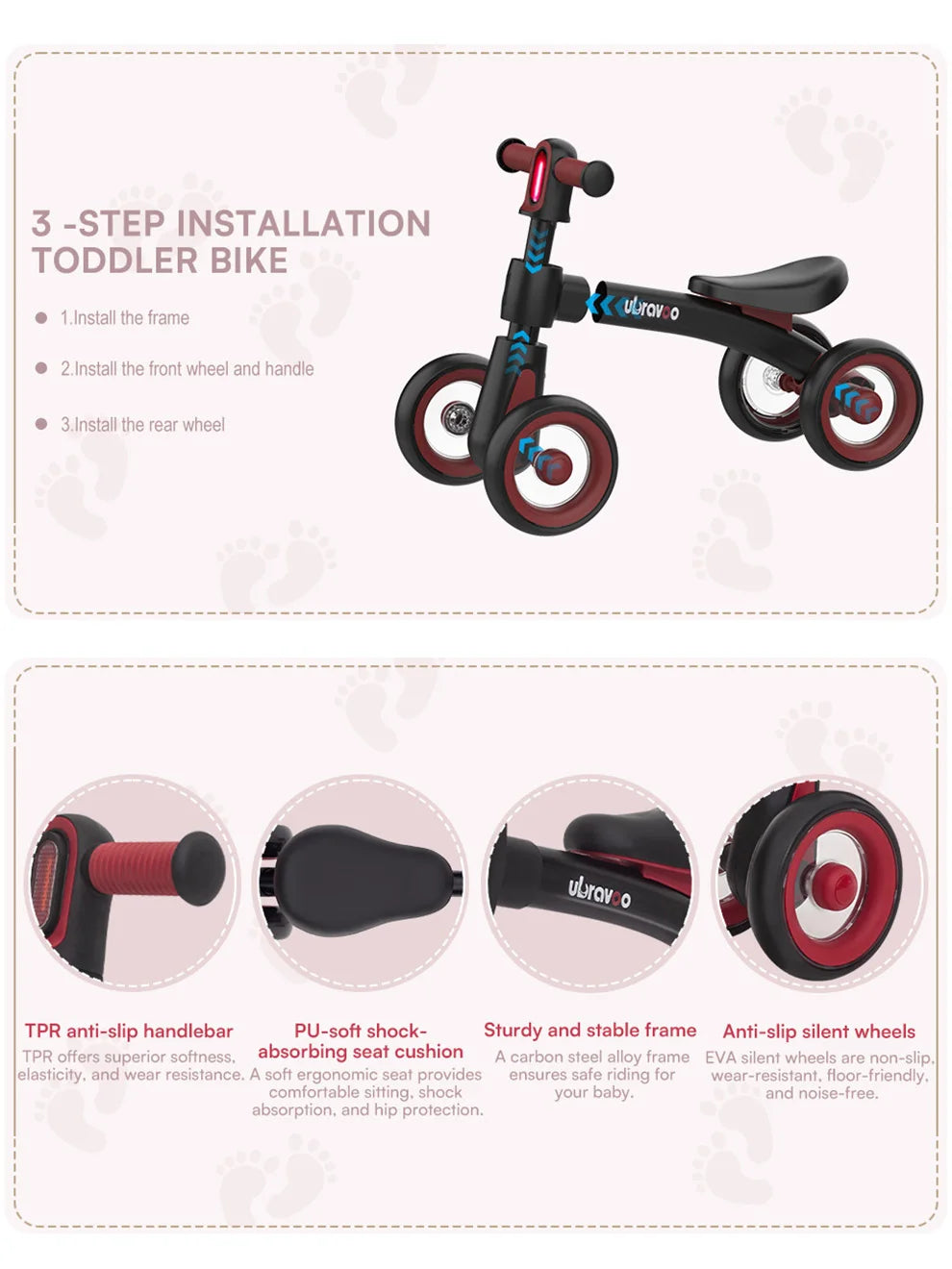 Ubravoo Baby Slide Balance Bike for 12-24 Months,3-Mode Headlight & 4 Transparent Silence Wheels, Riding on Toys Birthday Gifts