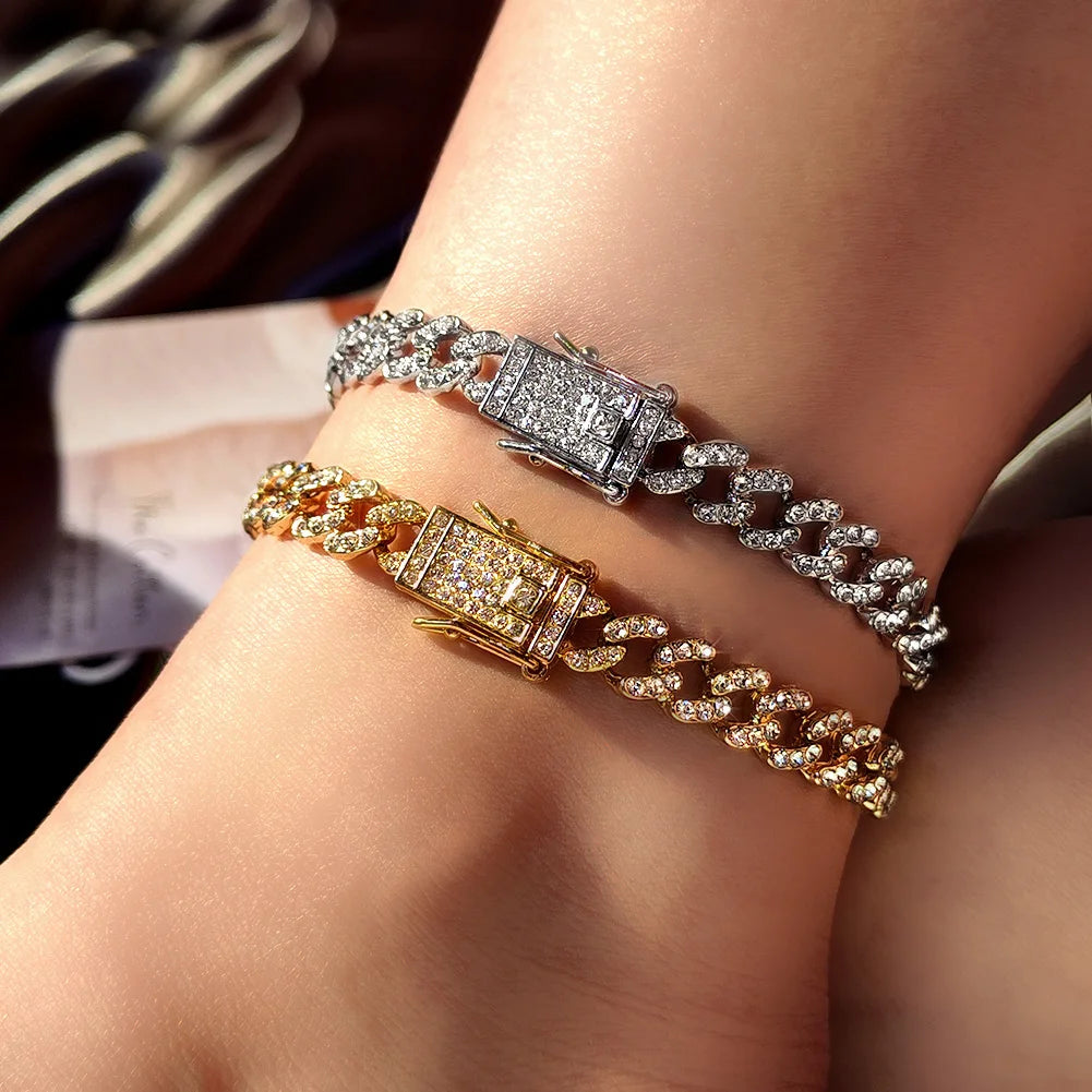 Flatfoosie Fashion Bling Rhinestone Cuban Link Chain Anklets For Women Iced Out Crystal Foot Chain Bracelet Beach Anklet Jewelry