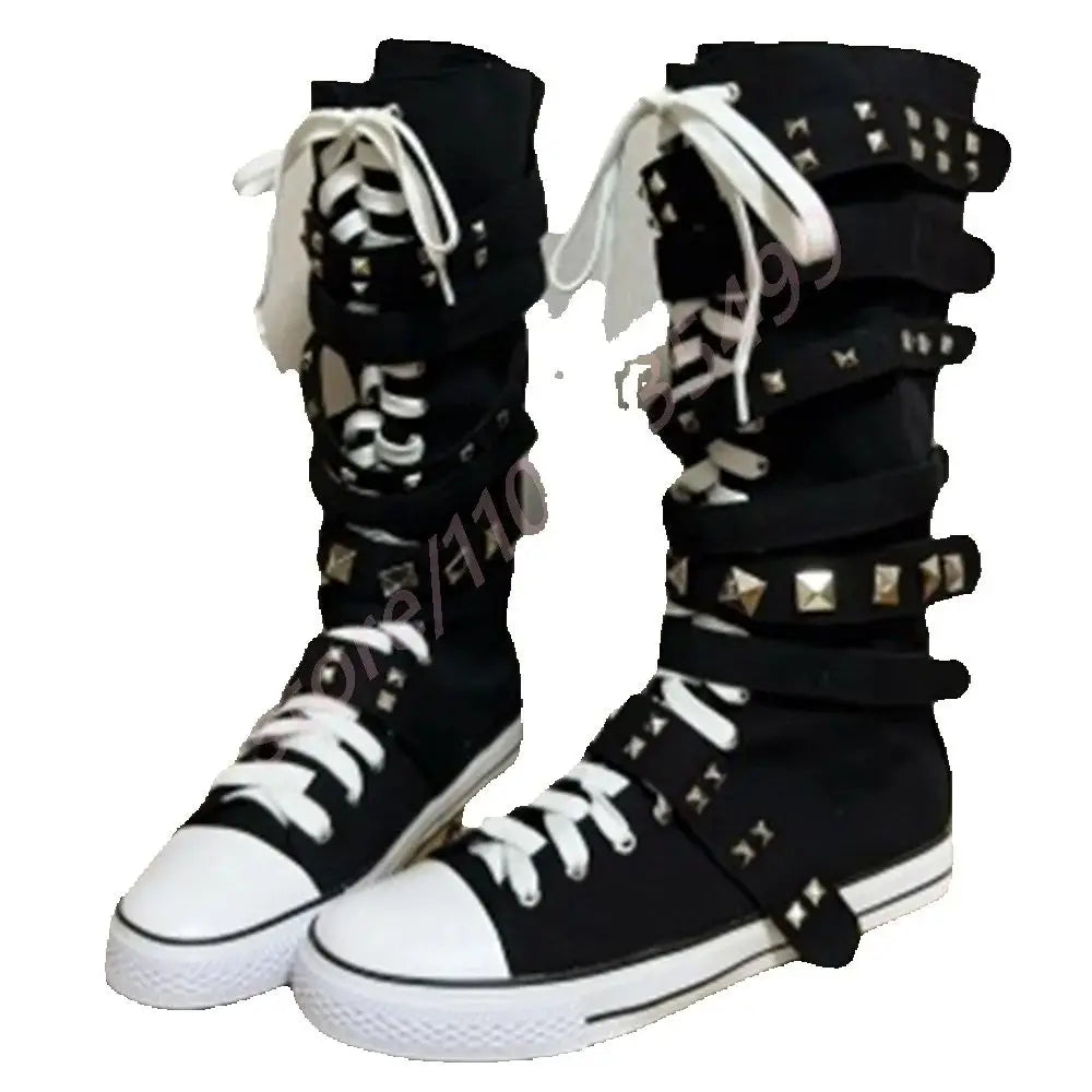 New Style Belt Buckle Rivet Canvas Boots 2025 New Round Punk Lace-Up Boots Black Street Fashion Ladies Flat Party Casual Boots