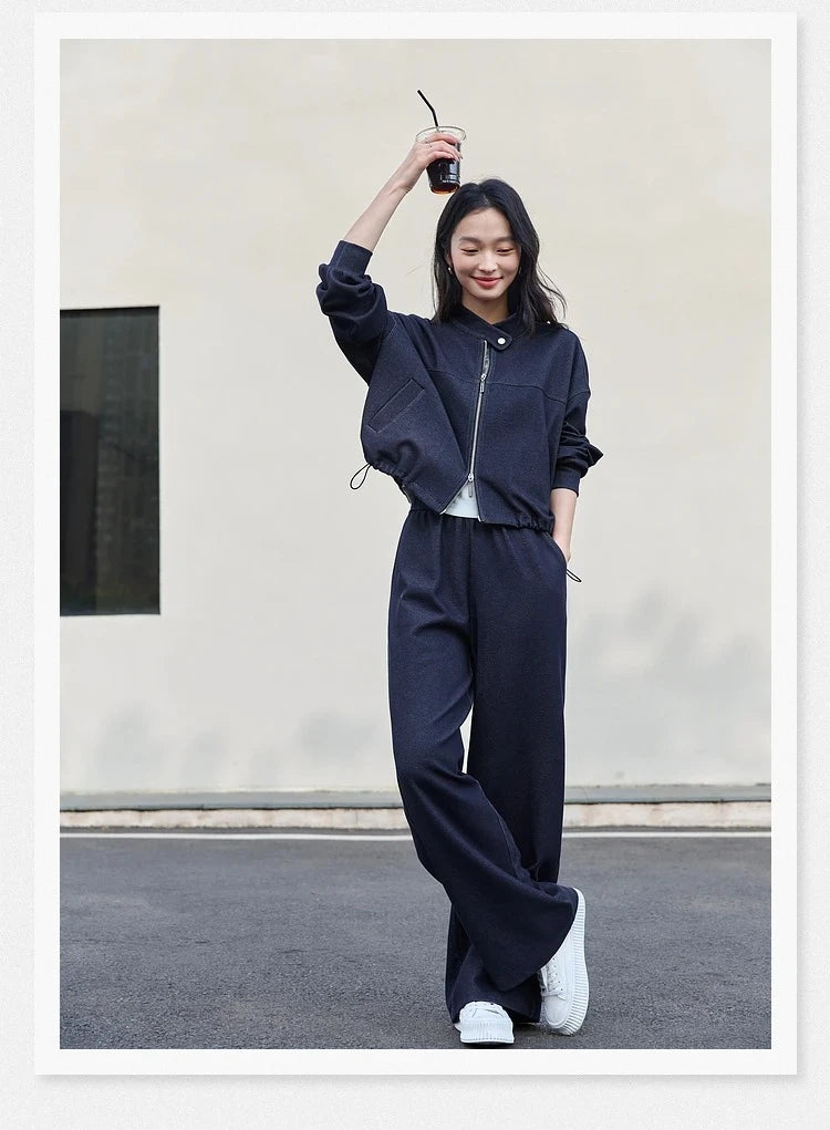 VIMLY 2 Piece Pant Set Woman Casual Outfits Women's Pant Suit 2025 Blue Stand-up Collar Jacket and Trouser Female Clothing A0119