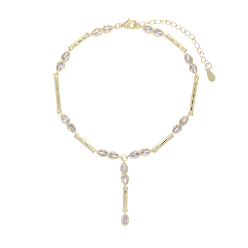 2025 New Arrived Gold Color Geometric Bar Tear Drop Cubic Zirconia CZ Link Chain Anklet Women Fashion Jewelry