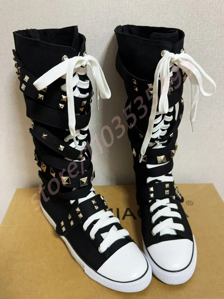 New Style Belt Buckle Rivet Canvas Boots 2025 New Round Punk Lace-Up Boots Black Street Fashion Ladies Flat Party Casual Boots