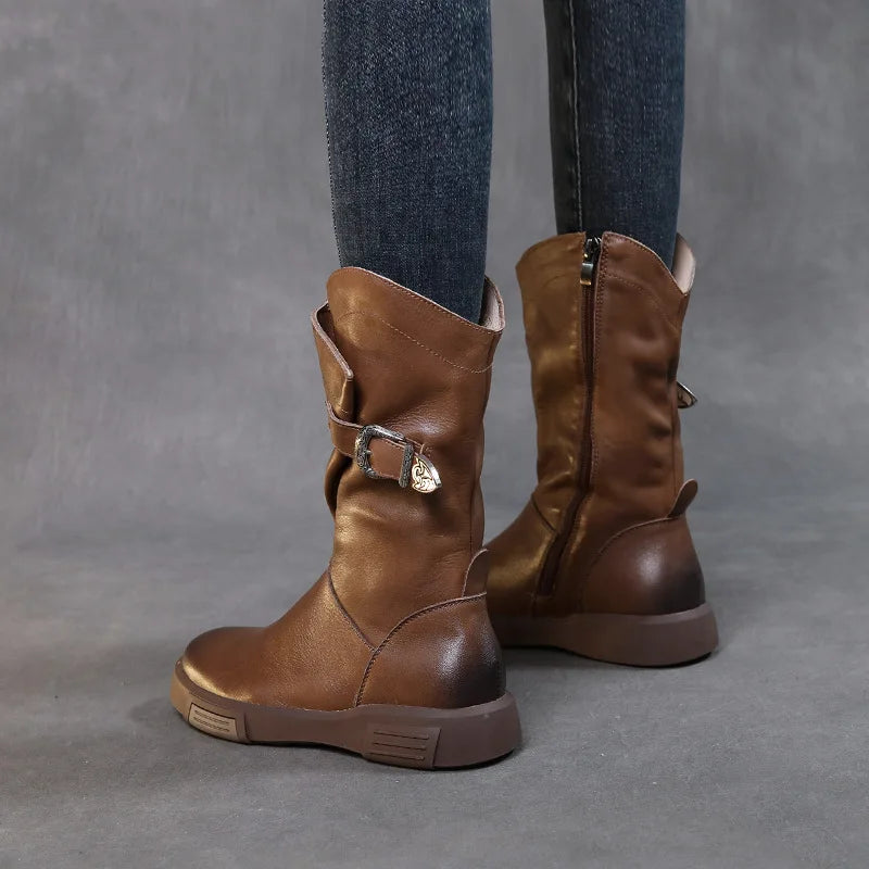 2025 Luxury Design Genuine Cow Leather Mid-Calf Boots Women Flat Side Zipper Round Toe Autumn Winter Warm Knight Boots