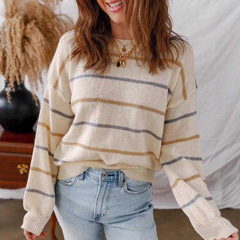 Colorful Striped Sweater For Women Loose Knitted Pullover O Neck Long Sleeve Casual Autumn Winter Jumper Tops