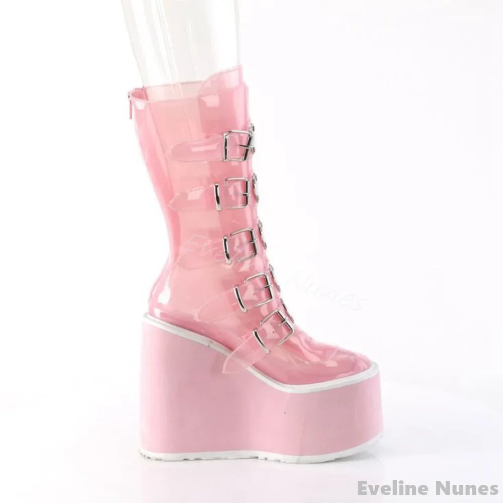 Thick Sole Transparent Pvc Punk Long Boots Women Summer Lolita Belt Buckle Platform Knee High Sandals 2025 New Black/pink Sandal