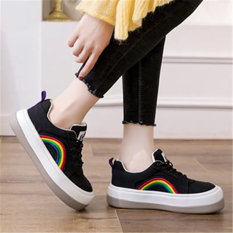 2025 Women's Casual Shoes Rainbow Thick Sole Canvas Shoes Female Student Leisure Fashion Shoes
