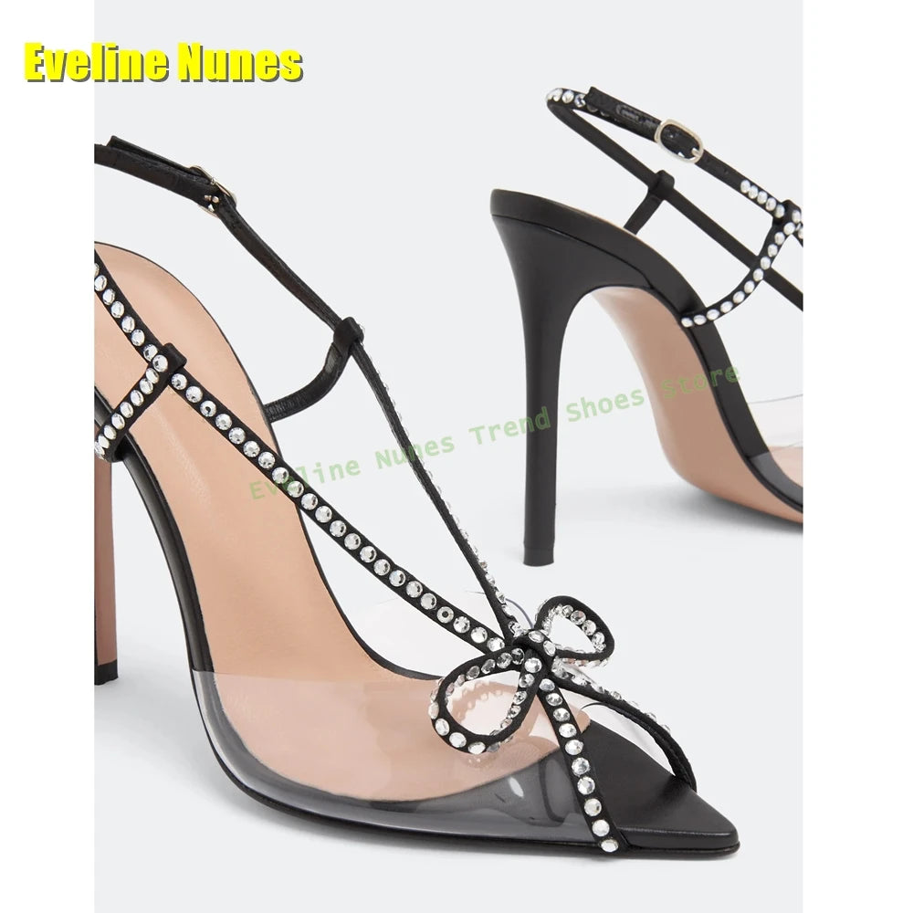 Bowknot Rhinestone Transparent Pvc Sandals Peep Toe Stiletto Side Air Patchwork Sexy Slingback High Heels Party 2025 Summer Shoe