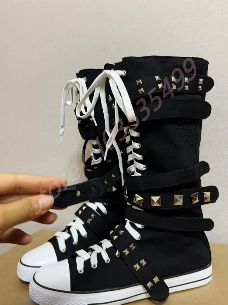 New Style Belt Buckle Rivet Canvas Boots 2025 New Round Punk Lace-Up Boots Black Street Fashion Ladies Flat Party Casual Boots