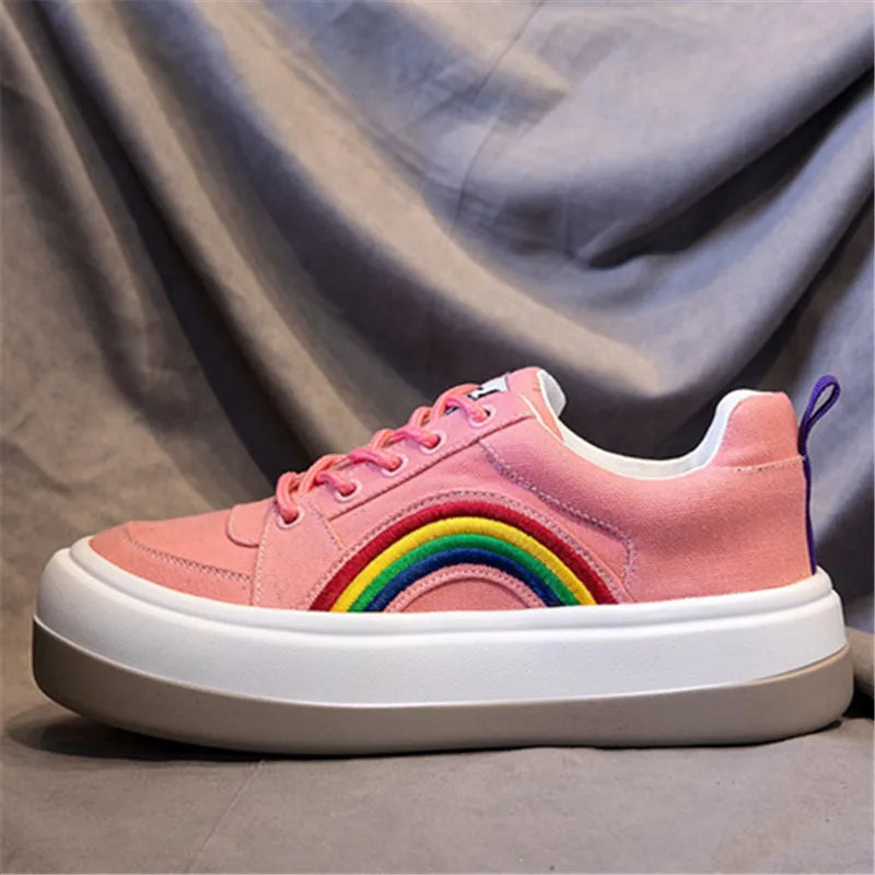 2025 Women's Casual Shoes Rainbow Thick Sole Canvas Shoes Female Student Leisure Fashion Shoes