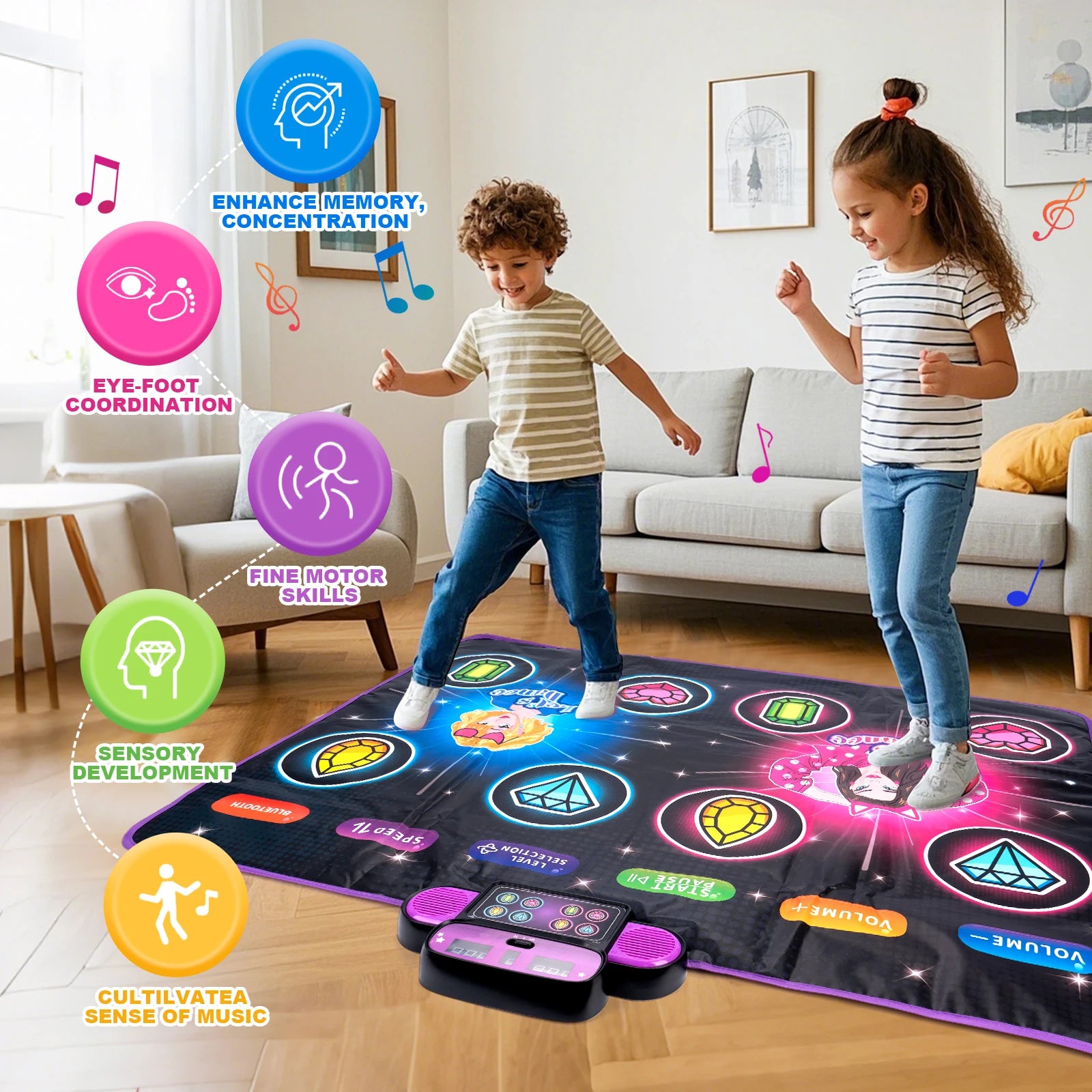 106x80cm Kids Electronic Dance Mat Double Players Mode with Light&Bluetooth Kids Floor Music Blanket Interactive Educational Toy
