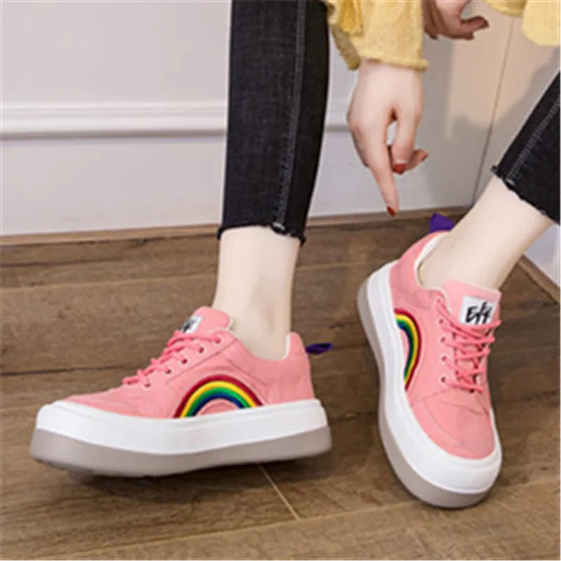 2025 Women's Casual Shoes Rainbow Thick Sole Canvas Shoes Female Student Leisure Fashion Shoes