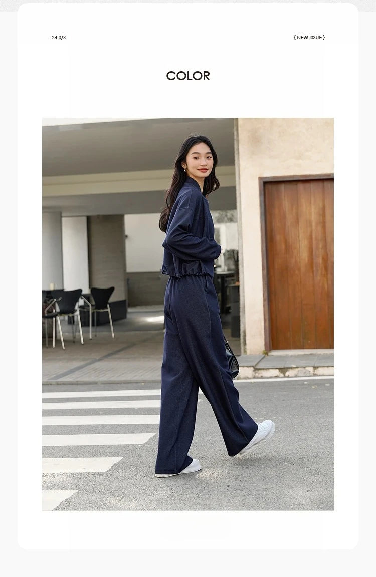 VIMLY 2 Piece Pant Set Woman Casual Outfits Women's Pant Suit 2025 Blue Stand-up Collar Jacket and Trouser Female Clothing A0119