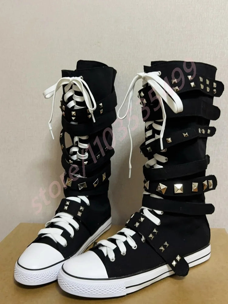 New Style Belt Buckle Rivet Canvas Boots 2025 New Round Punk Lace-Up Boots Black Street Fashion Ladies Flat Party Casual Boots