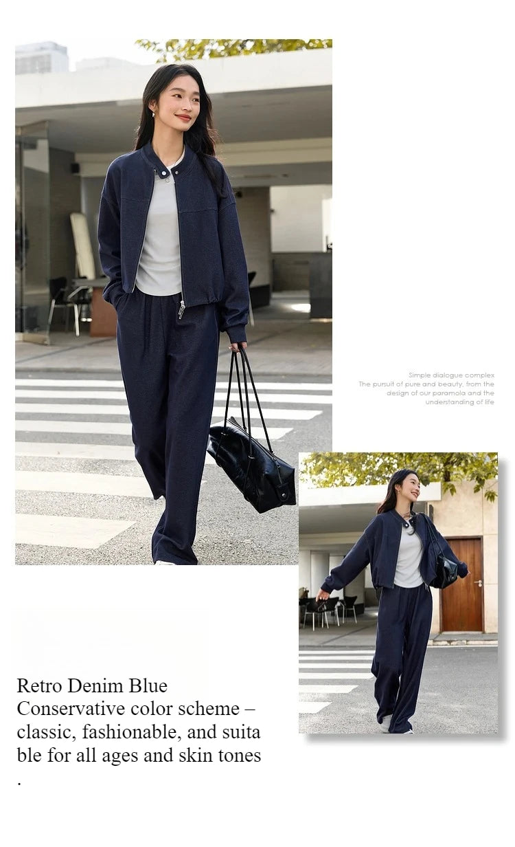 VIMLY 2 Piece Pant Set Woman Casual Outfits Women's Pant Suit 2025 Blue Stand-up Collar Jacket and Trouser Female Clothing A0119