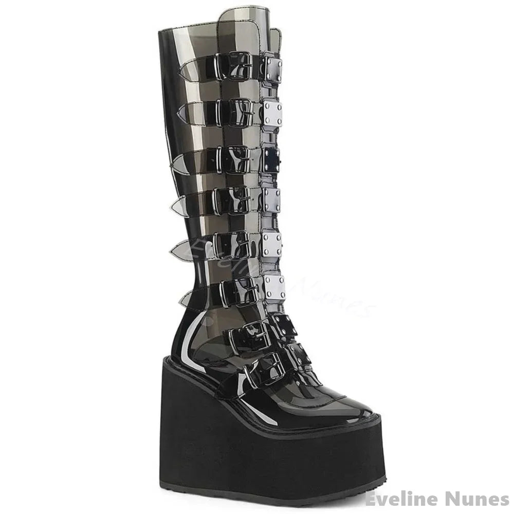 Thick Sole Transparent Pvc Punk Long Boots Women Summer Lolita Belt Buckle Platform Knee High Sandals 2025 New Black/pink Sandal