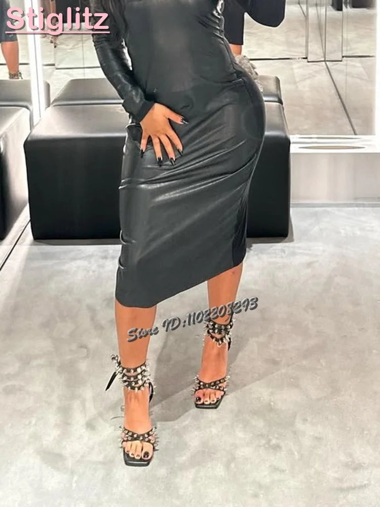 Sexy Rivet Thin Heels Sandals Black Square Toe Shallow Spikes Buckle Strap Stiletto Gladiator 2025 Summer New Women Fashion Shoe