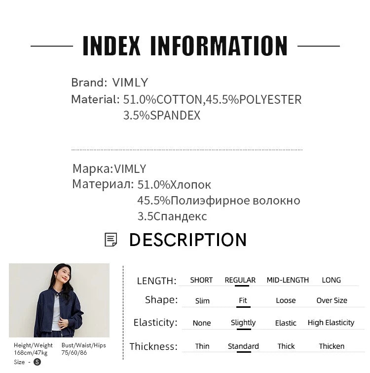 VIMLY 2 Piece Pant Set Woman Casual Outfits Women's Pant Suit 2025 Blue Stand-up Collar Jacket and Trouser Female Clothing A0119