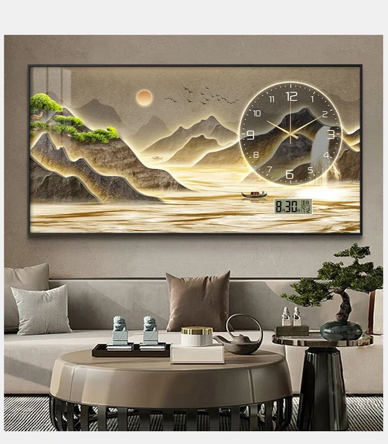 New Home Decor Wall Clock Living Room Decoration Landscape Painting Perpetual Calendar Timepiece Wall Decoration