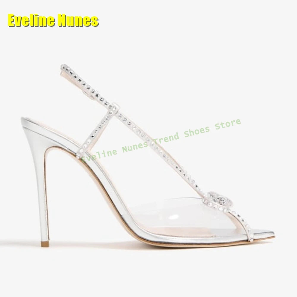 Bowknot Rhinestone Transparent Pvc Sandals Peep Toe Stiletto Side Air Patchwork Sexy Slingback High Heels Party 2025 Summer Shoe