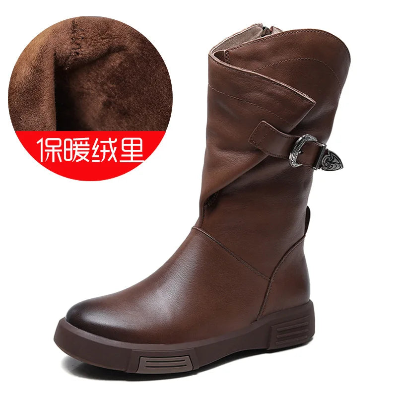 2025 Luxury Design Genuine Cow Leather Mid-Calf Boots Women Flat Side Zipper Round Toe Autumn Winter Warm Knight Boots