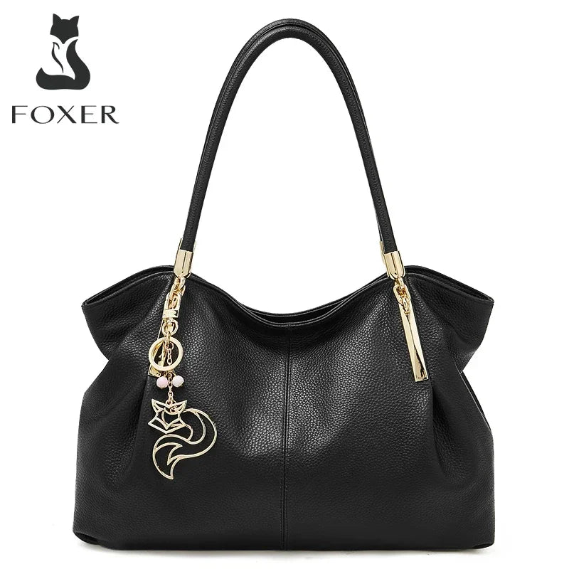 FOXER 2025 New Women's Shoulder Bag Genuine Leather Elegant Female Tote Large Bag Fashion Handbag Commuter Luxury Gift