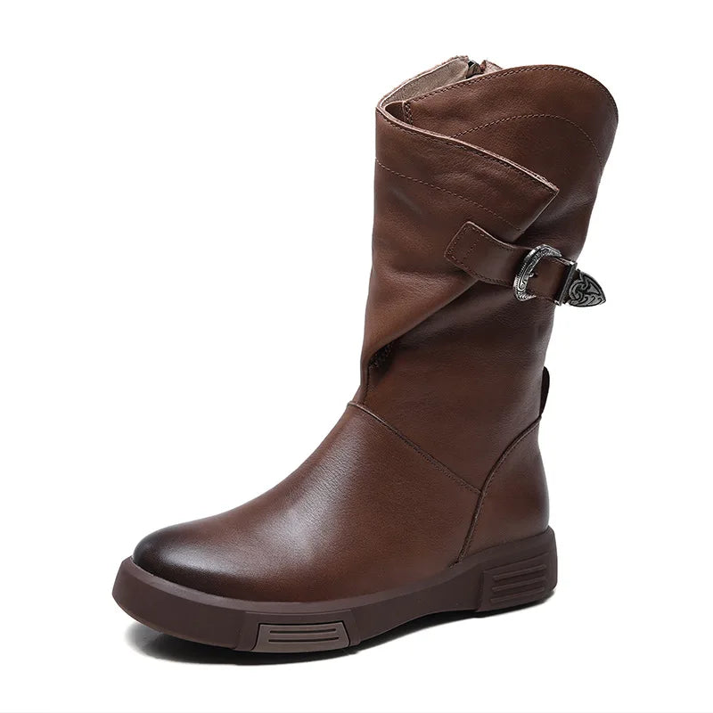 2025 Luxury Design Genuine Cow Leather Mid-Calf Boots Women Flat Side Zipper Round Toe Autumn Winter Warm Knight Boots