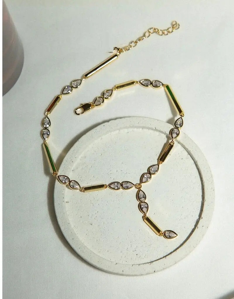 2025 New Arrived Gold Color Geometric Bar Tear Drop Cubic Zirconia CZ Link Chain Anklet Women Fashion Jewelry