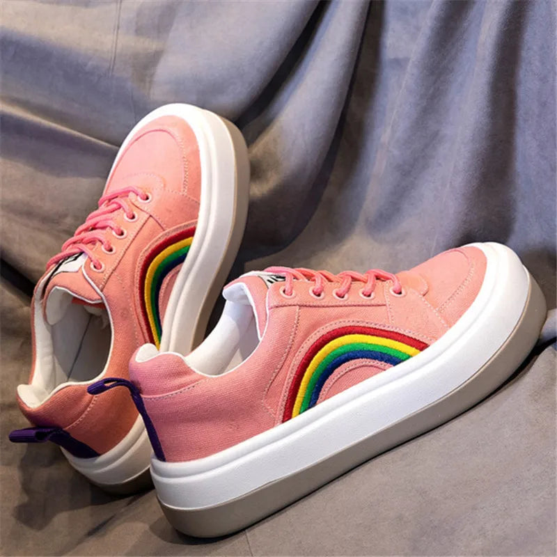 2025 Women's Casual Shoes Rainbow Thick Sole Canvas Shoes Female Student Leisure Fashion Shoes