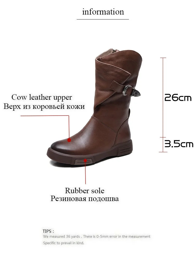 2025 Luxury Design Genuine Cow Leather Mid-Calf Boots Women Flat Side Zipper Round Toe Autumn Winter Warm Knight Boots