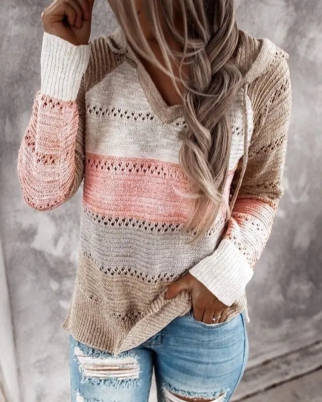 Women Patchwork Hooded Sweater Casual Long Sleeve Knitted Sweater Top Striped Elegant Pullover Jumpers Autumn Winter Plus Size