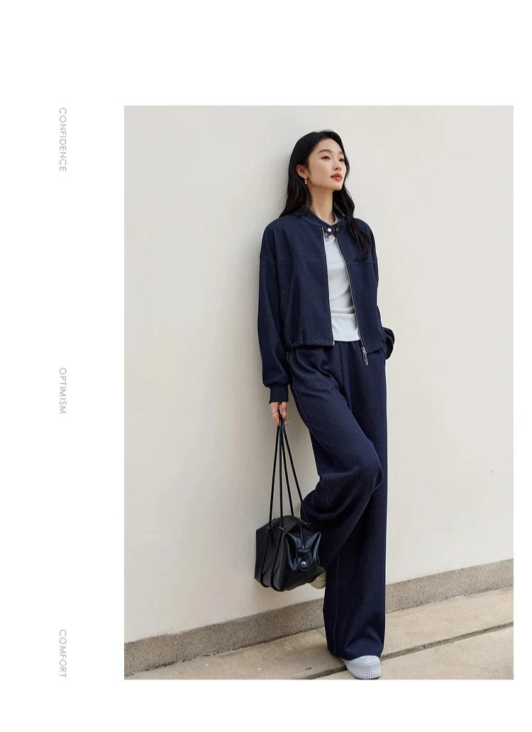 VIMLY 2 Piece Pant Set Woman Casual Outfits Women's Pant Suit 2025 Blue Stand-up Collar Jacket and Trouser Female Clothing A0119