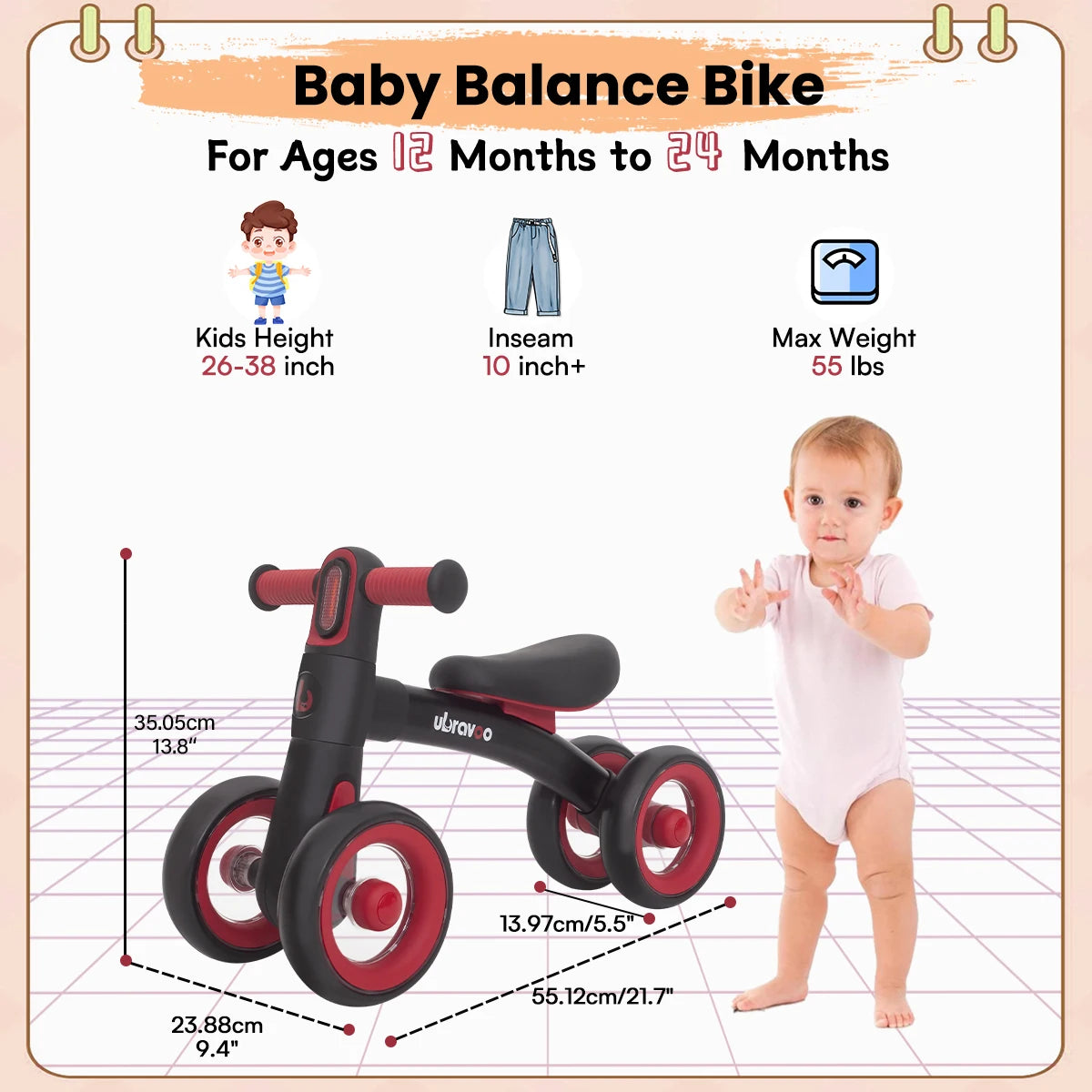 Ubravoo Baby Slide Balance Bike for 12-24 Months,3-Mode Headlight & 4 Transparent Silence Wheels, Riding on Toys Birthday Gifts