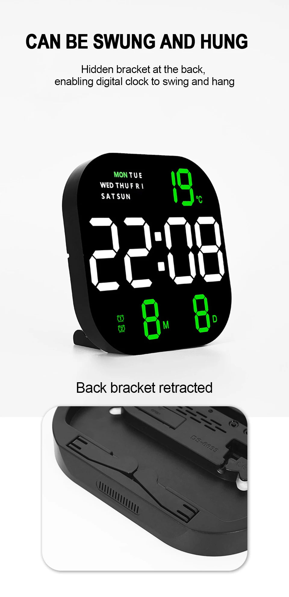Digital Wall Clock Remote Control Temperature Date Week Display Memory Mode Desktop Clock Dual Alarms LED Clock Room Decor