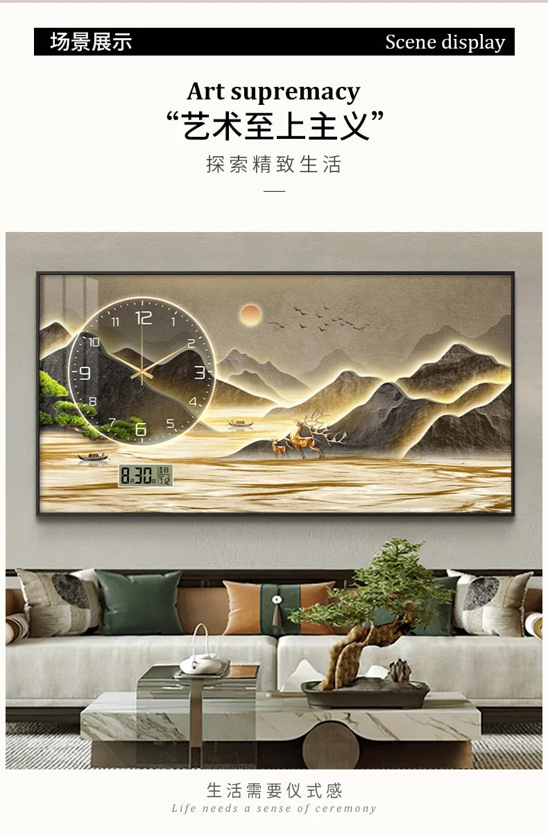 New Home Decor Wall Clock Living Room Decoration Landscape Painting Perpetual Calendar Timepiece Wall Decoration