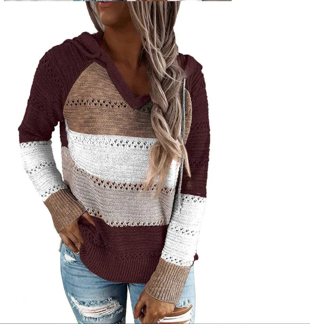 Women Patchwork Hooded Sweater Casual Long Sleeve Knitted Sweater Top Striped Elegant Pullover Jumpers Autumn Winter Plus Size
