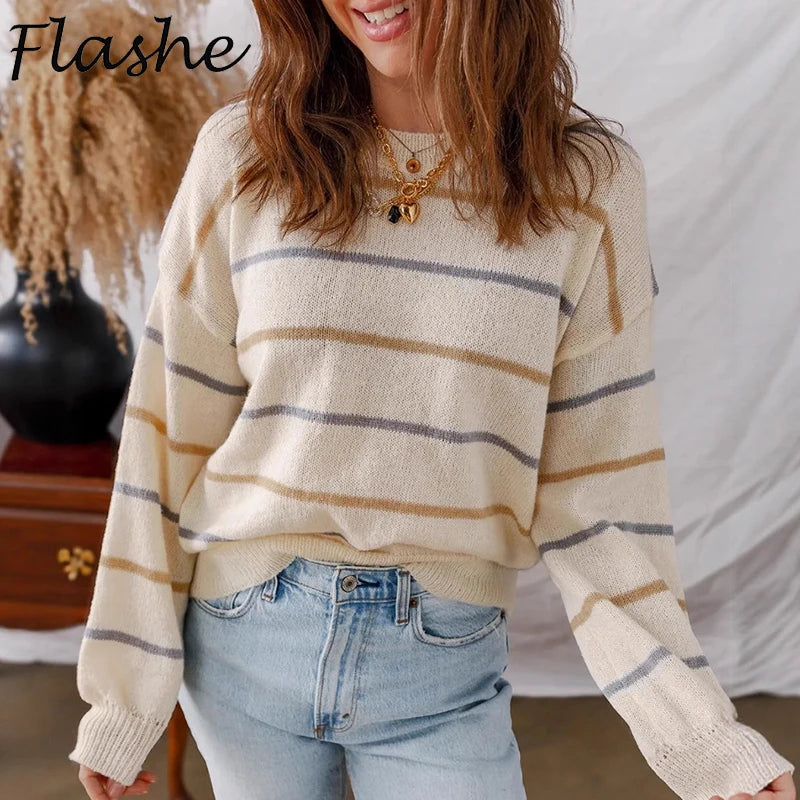 Colorful Striped Sweater For Women Loose Knitted Pullover O Neck Long Sleeve Casual Autumn Winter Jumper Tops