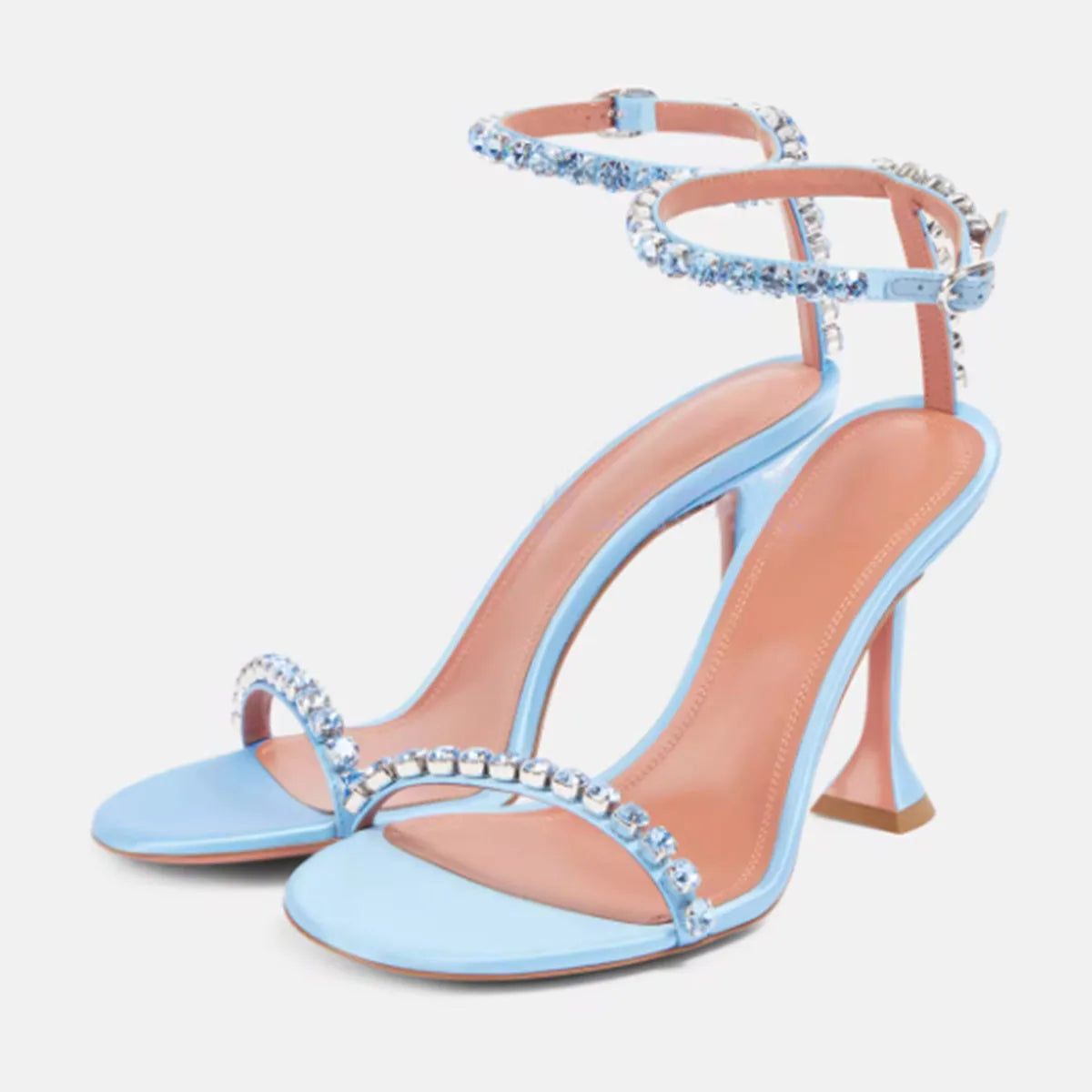 Arden Furtado 2025 Summer Blue Satin Ankle Strap Banquet Shoes Round Toe Super high heel Crystal word-cingulate sandals