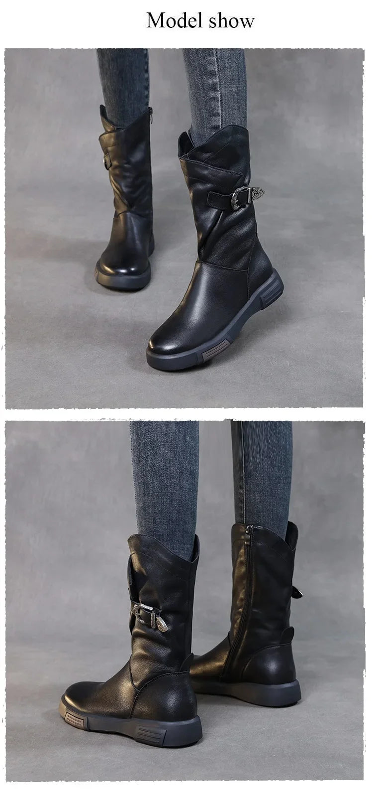 2025 Luxury Design Genuine Cow Leather Mid-Calf Boots Women Flat Side Zipper Round Toe Autumn Winter Warm Knight Boots