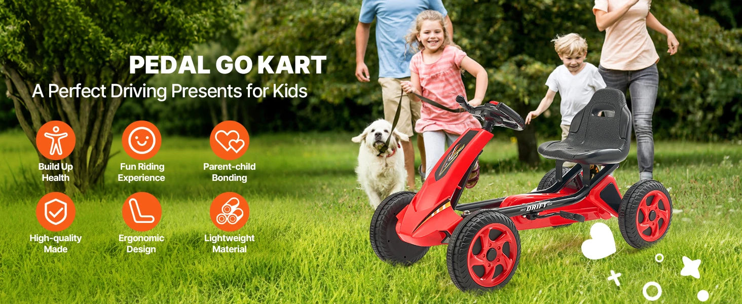 SucceBuy 66lbs Kids Pedal Go Kart 4 Wheel Off-Road Pedal Ride On Toys with Adjustable Seat Outdoor Racer Pedal Car for Boys